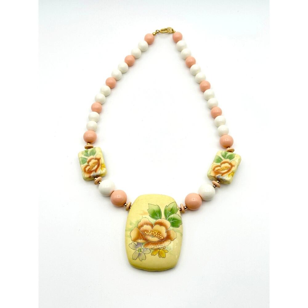 Floral Ceramic Bead Necklace Pink White Hand Painted Vintage Made in Japan 18"